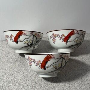 Porcelain Bird & Blossom Asian Rice Soup Bowls Set of 3